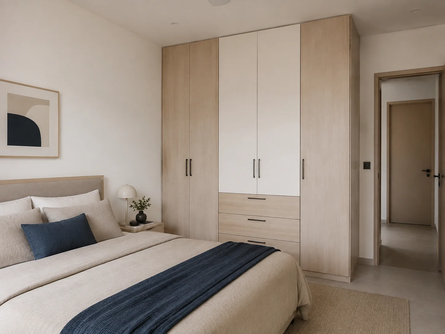 Bedroom design concept in Natural oak · Linen · Ink blue