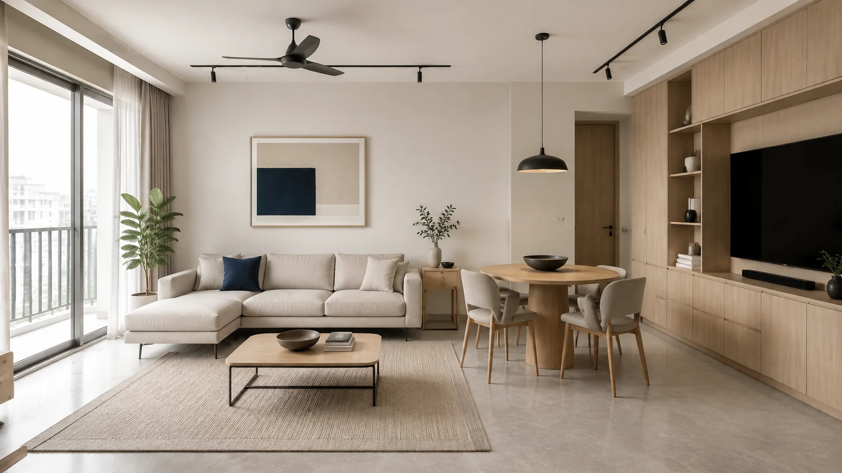 Generated apartment concept with pale oak storage, oat seating and ink-blue details in neutral daylight