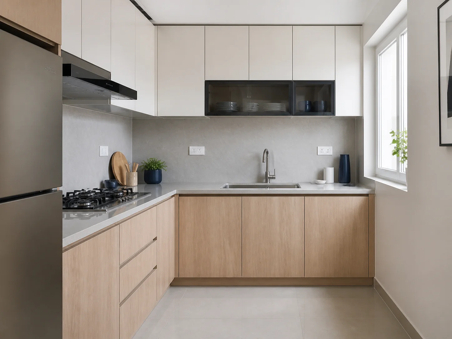 Modular kitchen design concept in Pale oak · Chalk · Warm grey