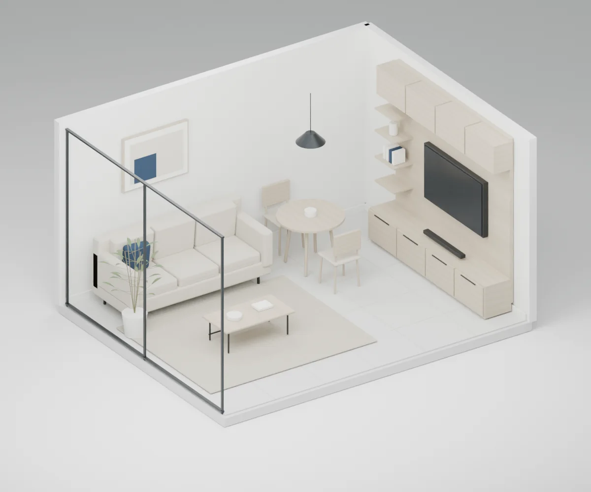 Illustrative architectural living-room model for exploring finish combinations